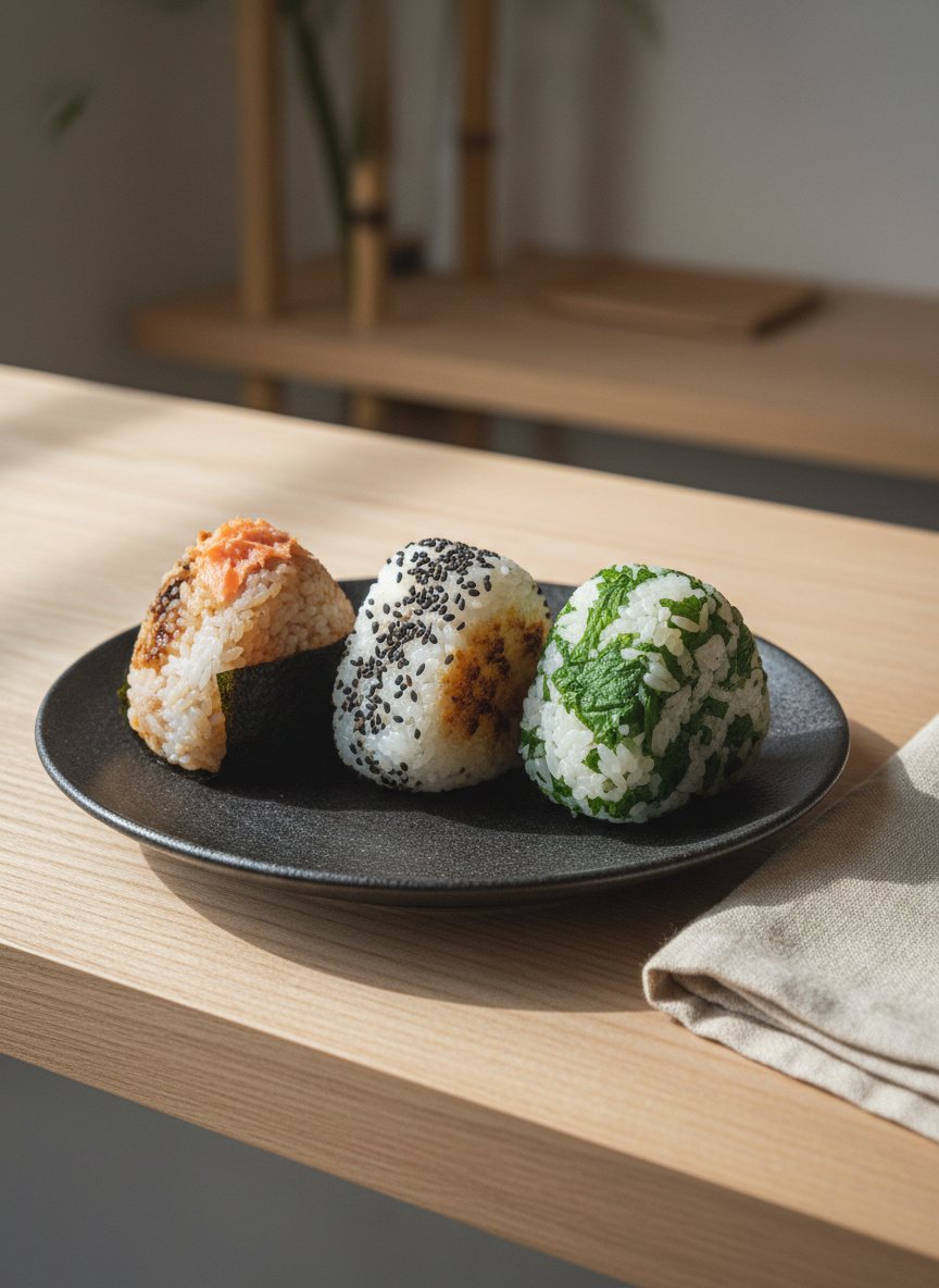 A close-up, photographic realism shot of three handcrafted onigiri arranged on a matte black ceramic plate. One is wrapped in crisp, dark nori with a glistening salmon filling peeking out, another sprinkled with black sesame seeds, and a third mixed with chopped shiso leaves. The plate rests on a light wooden counter with subtle grain, beside a neatly folded linen napkin. Soft natural daylight from the left creates gentle highlights on each rice grain and delicate shadows. Shot from a slightly elevated angle with shallow depth of field, the background fades into a soft bokeh of a minimalist Japanese-inspired interior, conveying a calm, professional, and inviting atmosphere.