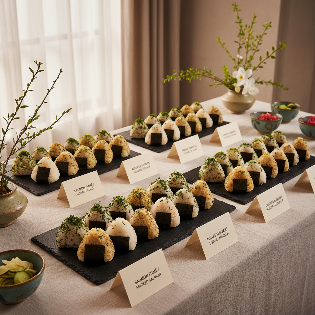 A beautifully styled catering table display in photographic realism, showcasing an array of onigiri for an elegant event. Long slate serving boards hold meticulously aligned rows of rice balls, some triangular with glossy nori bands, others sprinkled with furikake or finely chopped herbs. Discreet, minimalist name cards describe each flavor in both French and English. The table is covered with an off-white linen cloth, and subtle decorations like small ceramic bowls of pickles and simple ikebana-style greenery add refinement. Warm, indirect ambient lighting from overhead and the side creates soft highlights and a welcoming glow. Shot at eye level with a moderate depth of field, the atmosphere feels upscale yet understated, conveying reliability and craftsmanship.